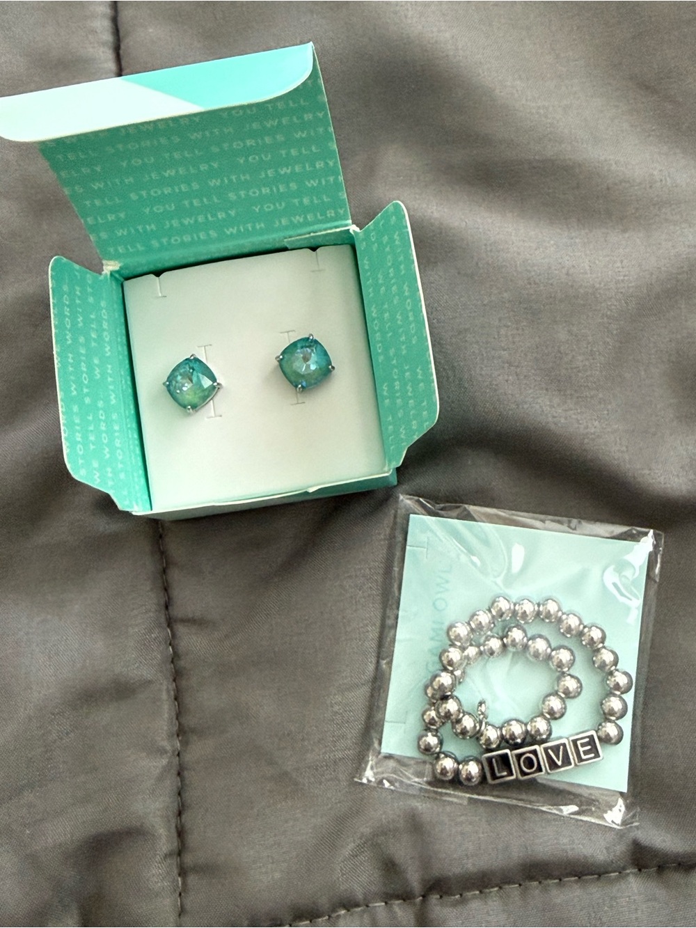 Origami Owl Aqua Clara Stud Earrings with Silver 'LOVE' Bead Bracelet